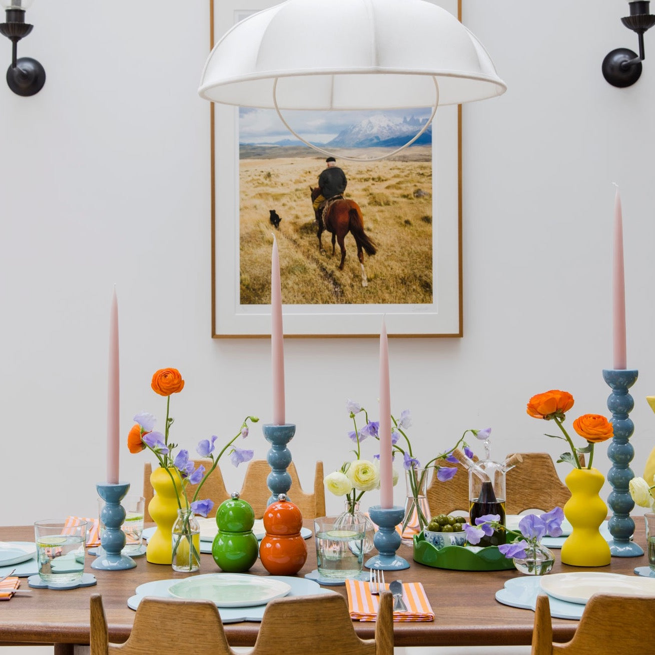 Extra Tall Chambray Blue Bobbin Candlestick - 33cm