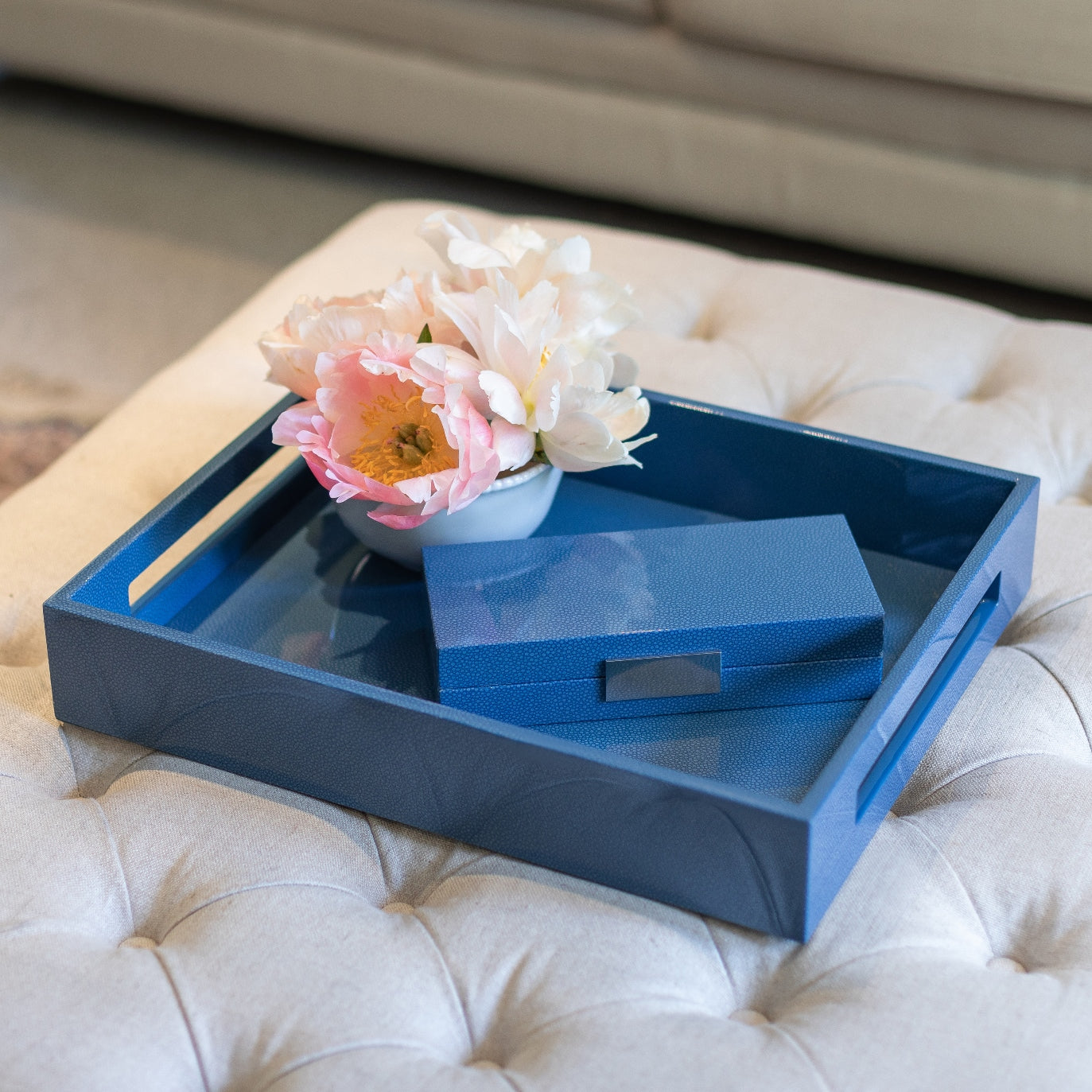 Blue Shagreen Medium Lacquered Serving Tray
