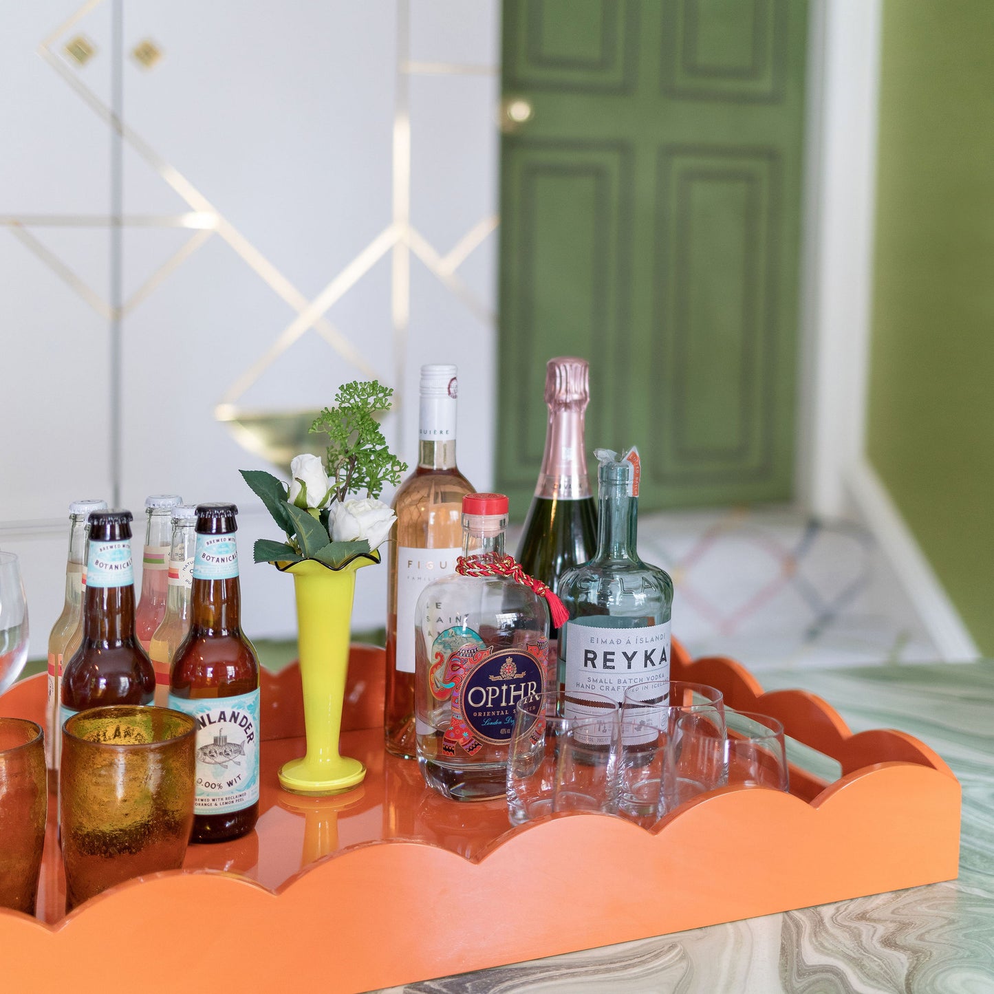 Orange Large Lacquered Scallop Ottoman Tray